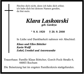 Traueranzeige von Klara Laskowski von Tageszeitung