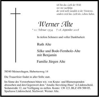 Traueranzeige von Werner Alte von Tageszeitung