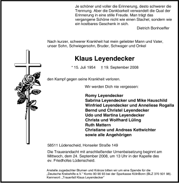 Traueranzeige von Klaus Leyendecker von Tageszeitung
