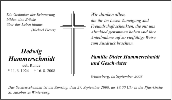Traueranzeige von Hedwig Hammerschmidt von Tageszeitung