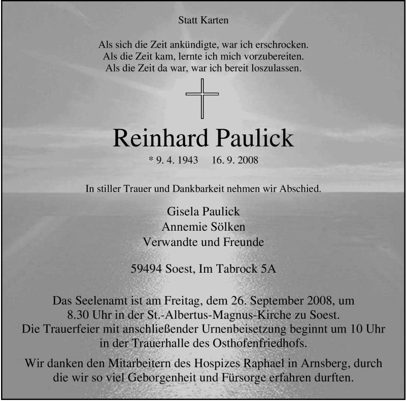  Traueranzeige für Reinhard Paulick vom 20.09.2008 aus Tageszeitung