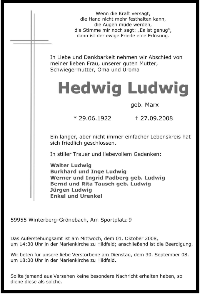  Traueranzeige für Hedwig Ludwig vom 30.09.2008 aus Tageszeitung
