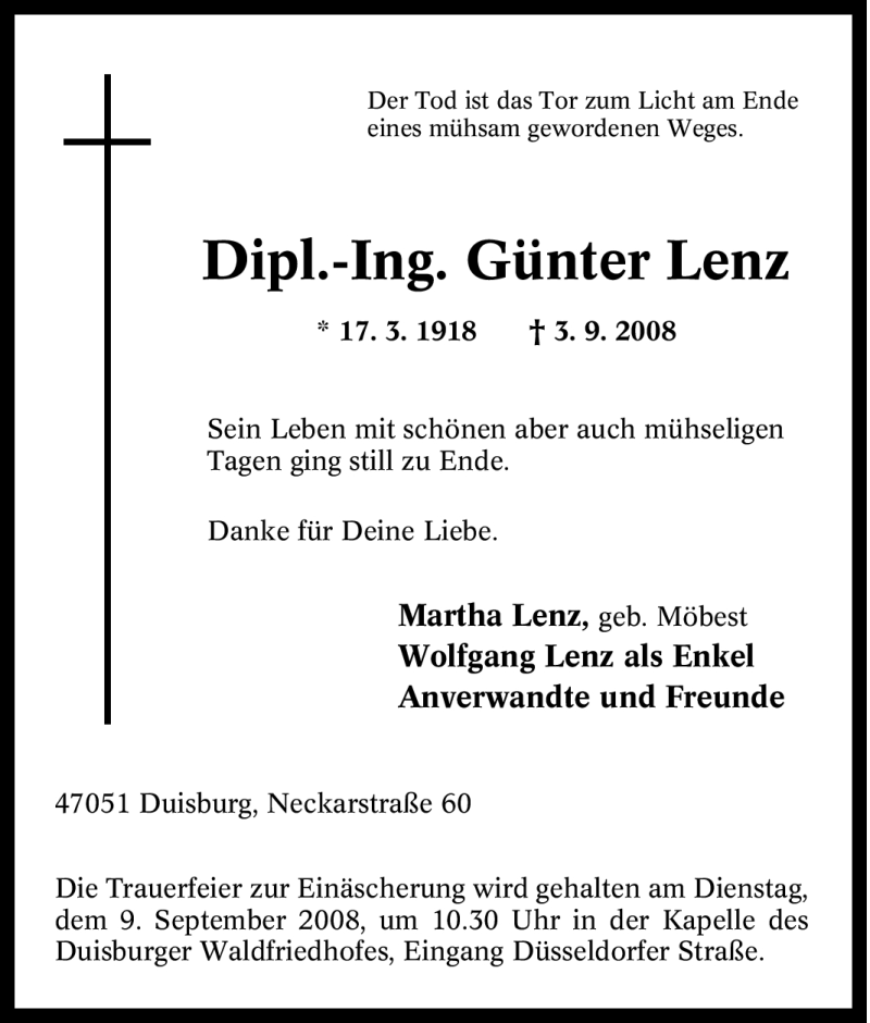  Traueranzeige für Günter Lenz vom 05.09.2008 aus Tageszeitung