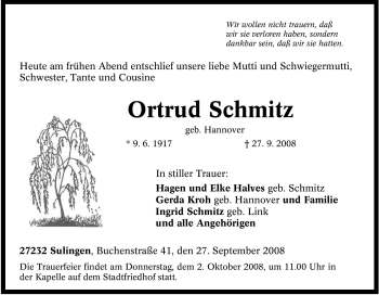 Traueranzeige von Ortrud Schmitz von Tageszeitung