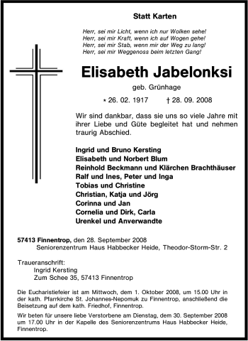 Traueranzeige von Elisabeth Jabelonksi von Tageszeitung
