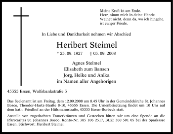 Traueranzeige von Heribert Steimel von Tageszeitung