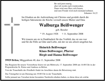 Traueranzeige von Walburga Beißwenger von Tageszeitung