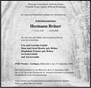 Traueranzeige von Hermann Brüser von Tageszeitung