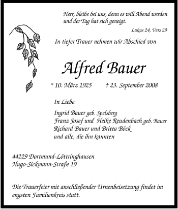 Traueranzeige von Alfred Bauer von Tageszeitung