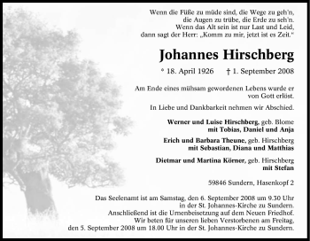 Traueranzeige von Johannes Hirschberg von Tageszeitung