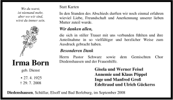 Traueranzeige von Irma Born von Tageszeitung