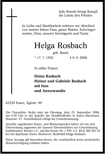 Traueranzeige von Helga Rosbach von Tageszeitung