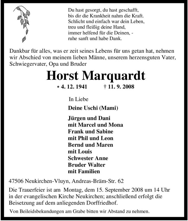  Traueranzeige für Horst Marquardt vom 13.09.2008 aus Tageszeitung