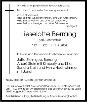 Traueranzeige von Lieselotte Berrang von Tageszeitung