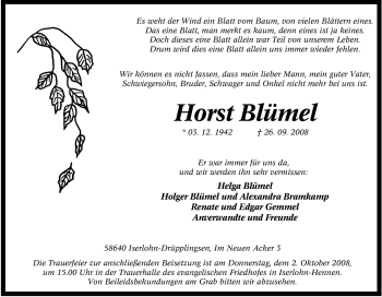 Traueranzeige von Horst Blümel von Tageszeitung