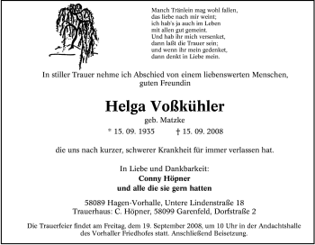 Traueranzeige von Helga Voßkühler von Tageszeitung