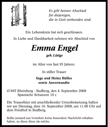 Traueranzeige von Emma Engel von Tageszeitung