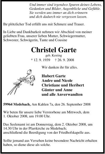 Traueranzeige von Christel Garte von Tageszeitung