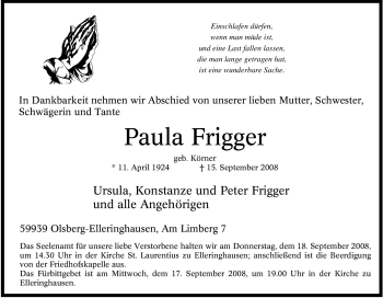 Traueranzeige von Paula Frigger von Tageszeitung