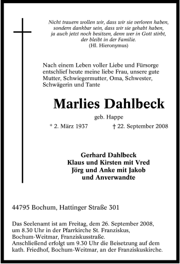 Traueranzeige von Marlies Dahlbeck von Tageszeitung