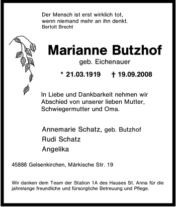 Traueranzeige von Marianne Butzhof von Tageszeitung