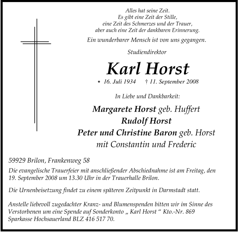  Traueranzeige für Karl Horst vom 16.09.2008 aus WESTDEUTSCHE ALLGEMEINE ZEITUNG