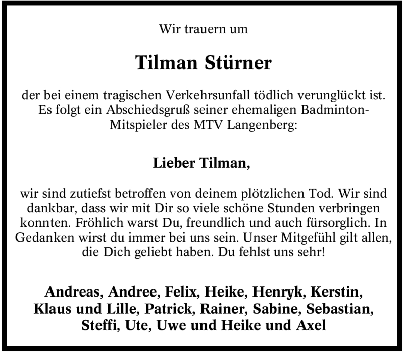  Traueranzeige für Tilman Stürner vom 12.09.2008 aus Tageszeitung