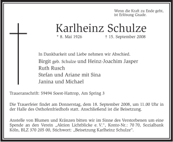 Traueranzeige von Karlheinz Schulze von Tageszeitung
