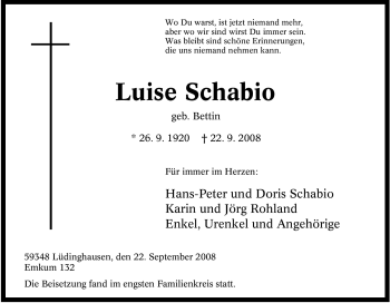Traueranzeige von Luise Schabio von Tageszeitung