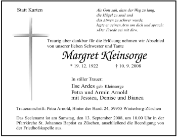 Traueranzeige von Margret Kleinsorge von Tageszeitung