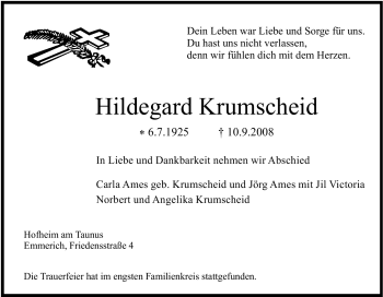 Traueranzeige von Hildegard Krumscheid von Tageszeitung