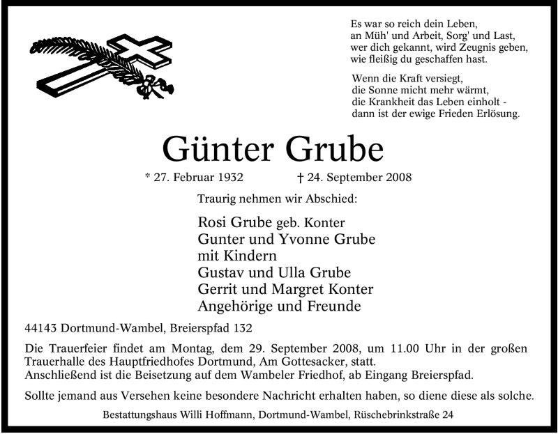  Traueranzeige für Günter Grube vom 25.09.2008 aus Tageszeitung