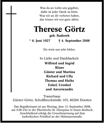 Traueranzeige von Therese Görtz von Tageszeitung