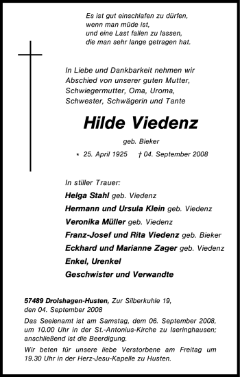 Traueranzeige von Hilde Viedenz von Tageszeitung