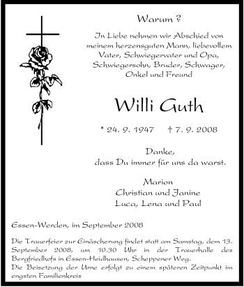 Traueranzeige von Willi Guth von Tageszeitung