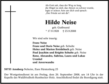 Traueranzeige von Hilde Neise von Tageszeitung