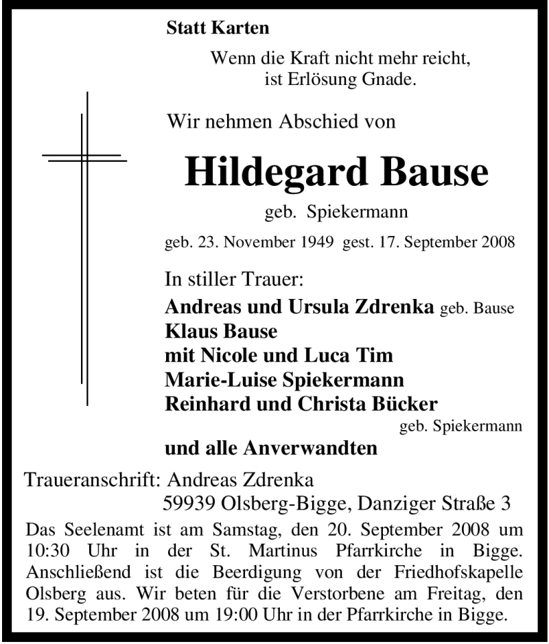Traueranzeigen von Hildegard Bause TrauerinNRW.de
