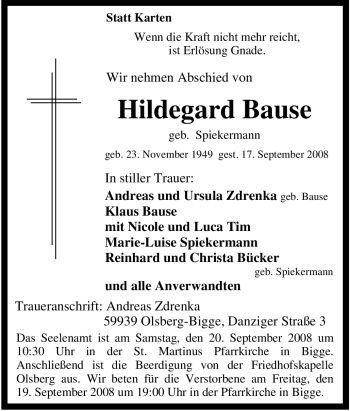 Traueranzeige von Hildegard Bause von Tageszeitung