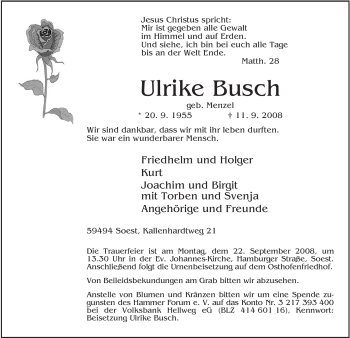Traueranzeige von Ulrike Busch von Tageszeitung