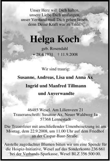 Traueranzeige von Helga Koch von Tageszeitung