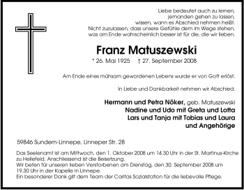 Traueranzeige von Franz Matuszewski von Tageszeitung