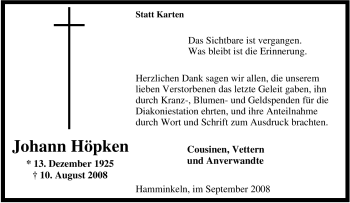 Traueranzeige von Johann Höpken von Tageszeitung