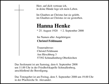 Traueranzeige von Hanna Henke von Tageszeitung