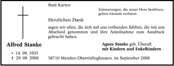Traueranzeige von Alfred Stanke von Tageszeitung