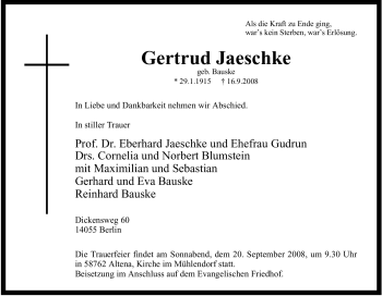 Traueranzeige von Gertrud Jaeschke von Tageszeitung