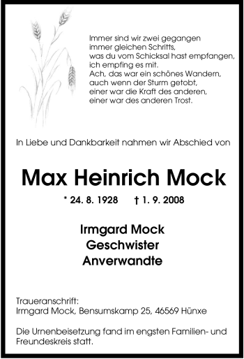 Traueranzeige von Max Heinrich Mock von Tageszeitung