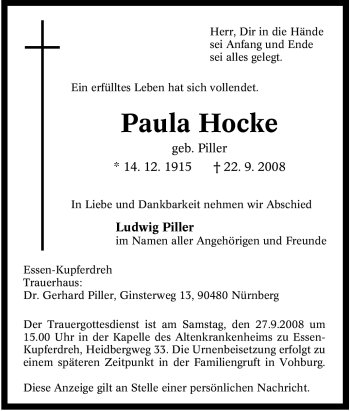 Traueranzeige von Paula Hocke von Tageszeitung