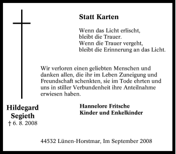 Traueranzeige von Hildegard Segieth von Tageszeitung
