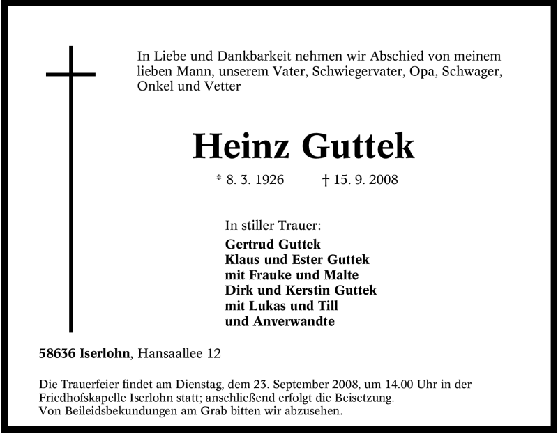 Traueranzeige für Heinz Guttek vom 18.09.2008 aus Tageszeitung