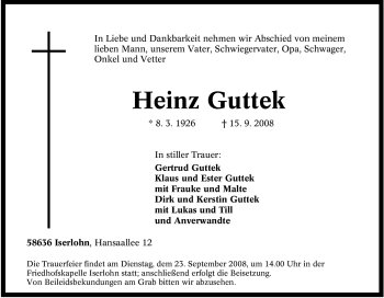 Traueranzeige von Heinz Guttek von Tageszeitung